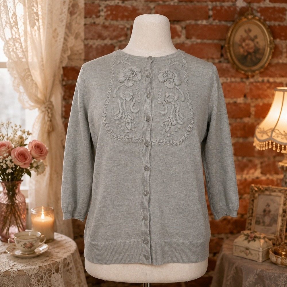 Tabitha Anthropologie Gray Floral Embroidered Cotton Cardigan Sweater